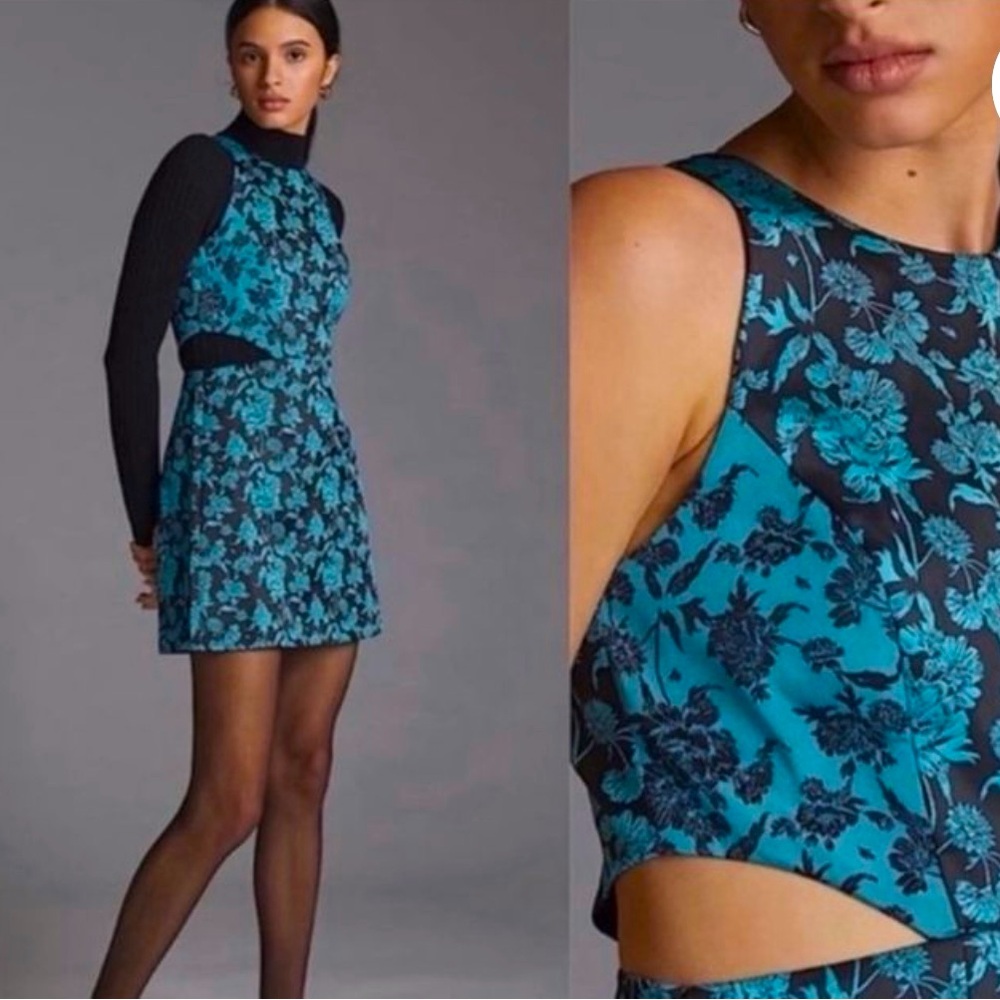 NWT Anthropologie HUTCH Teal & Black Jacquard Cut Out Mini dress